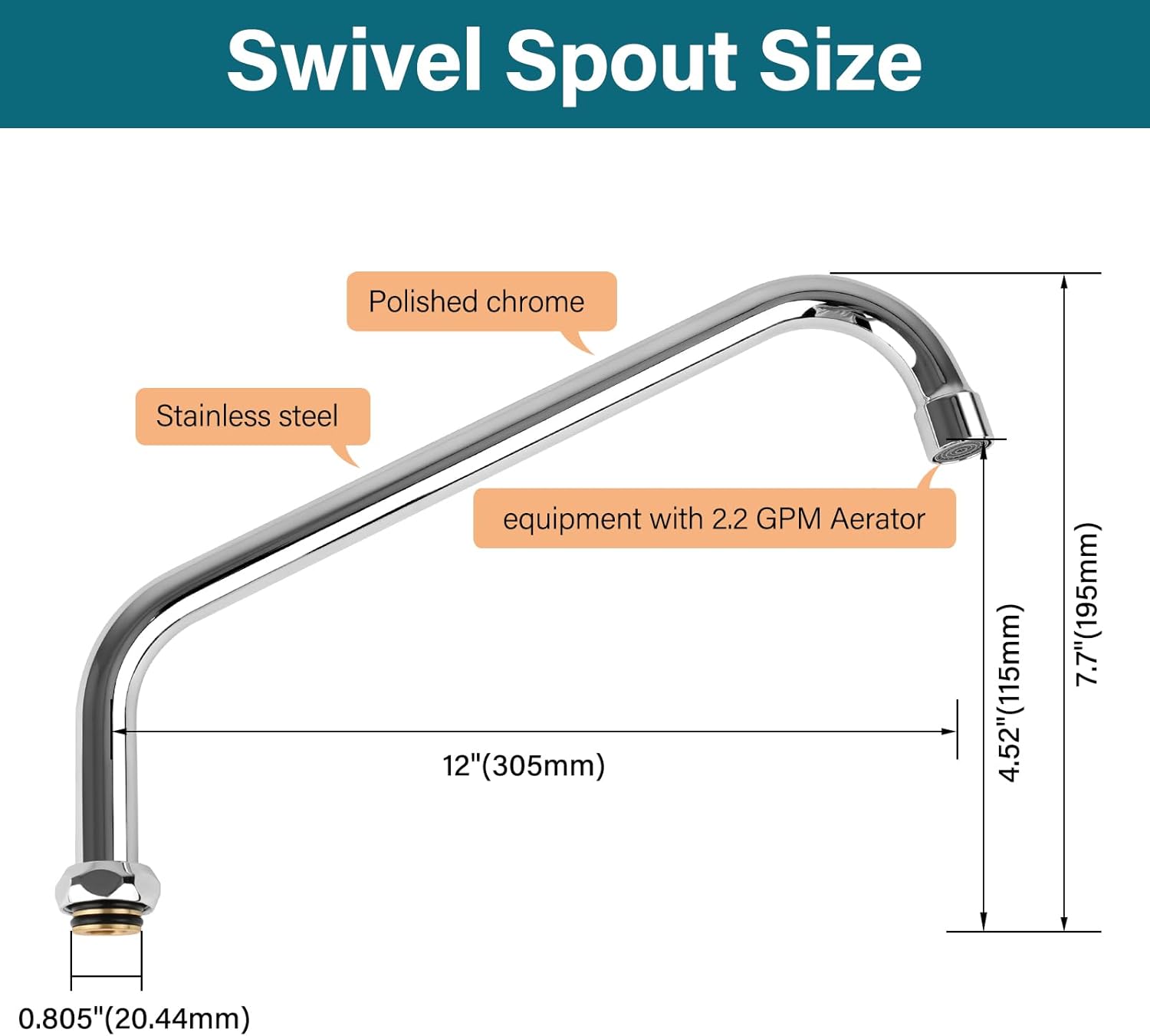 KWODE Brass Swivel Swing Nozzle Spout Replacement Kit for Most T and S Commercial Kitchen Sink Faucet, 12" Spout Reach with MAX 2.2 GPM Aerator