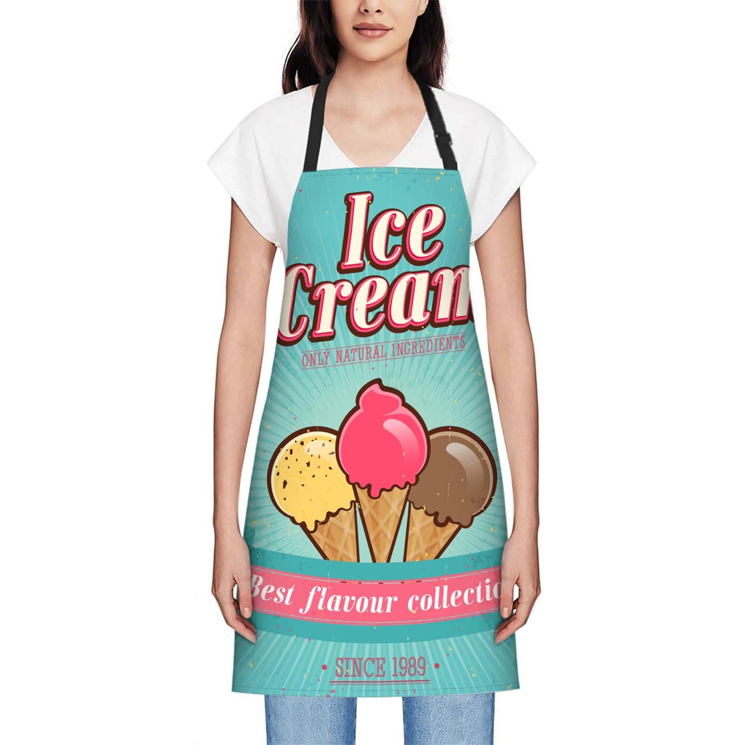 Smooffly Vintage Ice Cream Poster design Apron Unisex Adjustable Bib Apron Cooking Kitchen Chef Women Men Aprons for Home Kitchen Restaurant,Coffee House,Shop,Garden - Image 2