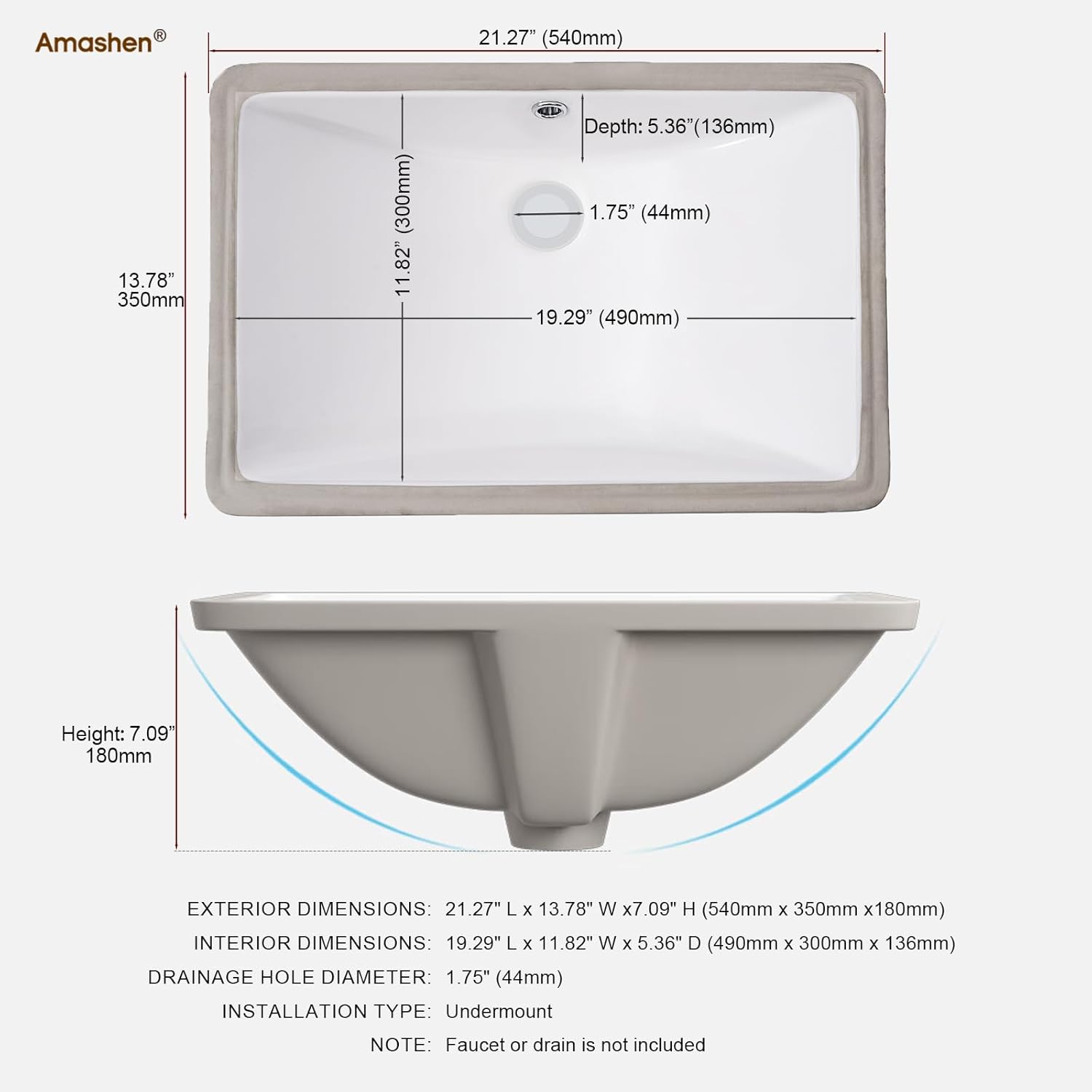 21×14" Rectangle Bathroom Sink, White Undermount Vessel Sink, Ceramic Vanity Sink with Overflow for Bathroom Restroom