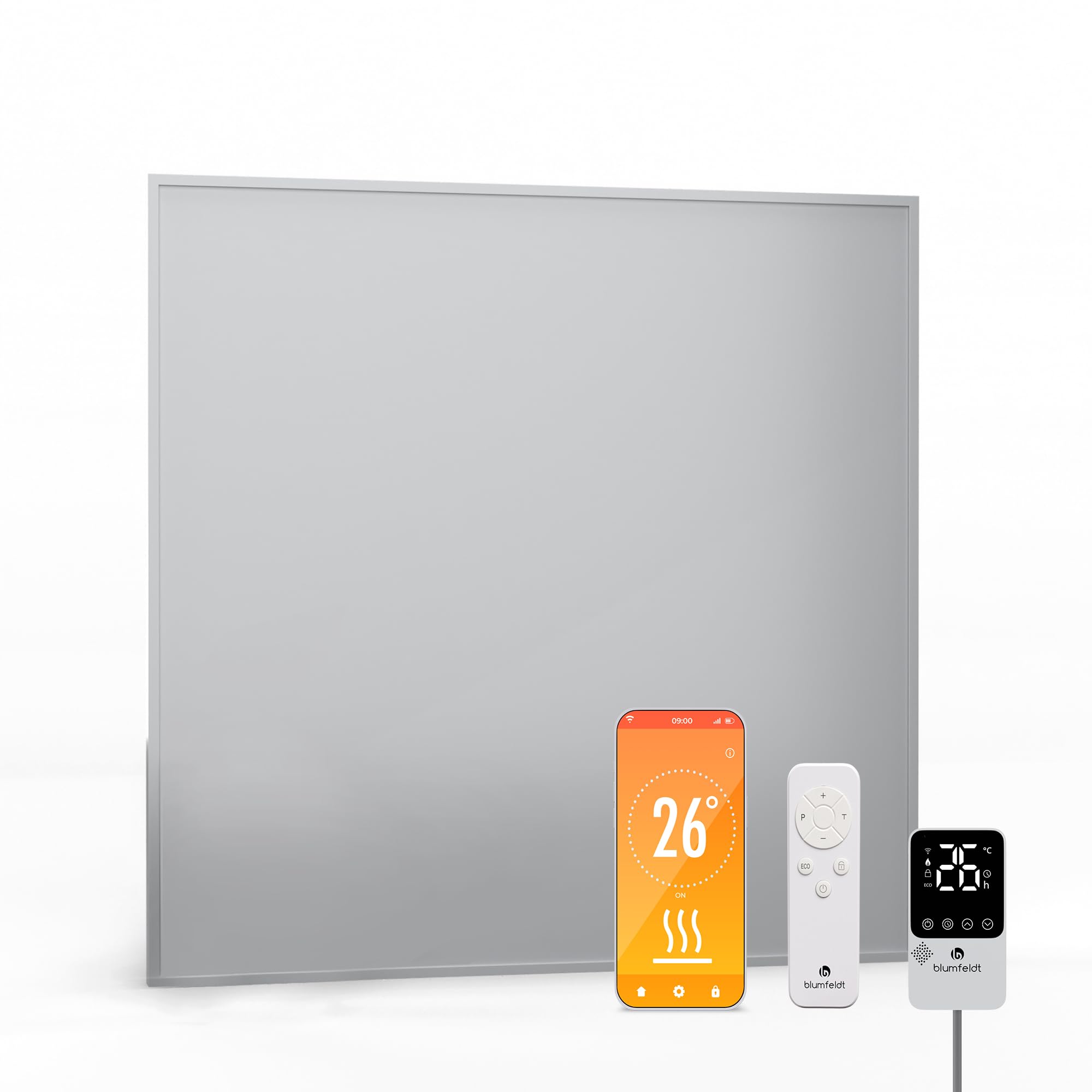 blumfeldt - Pannello Radiante a Infrarossi, 360W – Montaggio a Parete, Controllo Smart App & Telecomando, Termostato Esterno, IP44, Efficienza Energetica del 95%, per Riscaldamento Interno, Alluminio