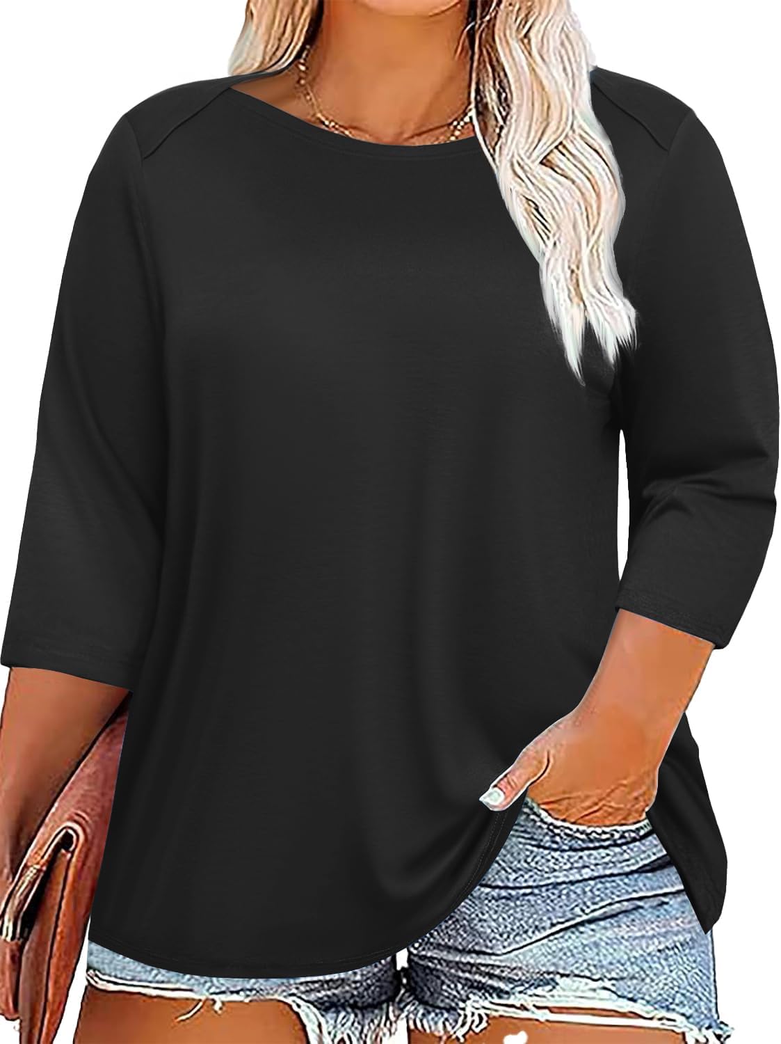 Rapbin Womens Plus Size 3/4 Length Sleeve Tops Boat Neck Loose Fit Tee ...