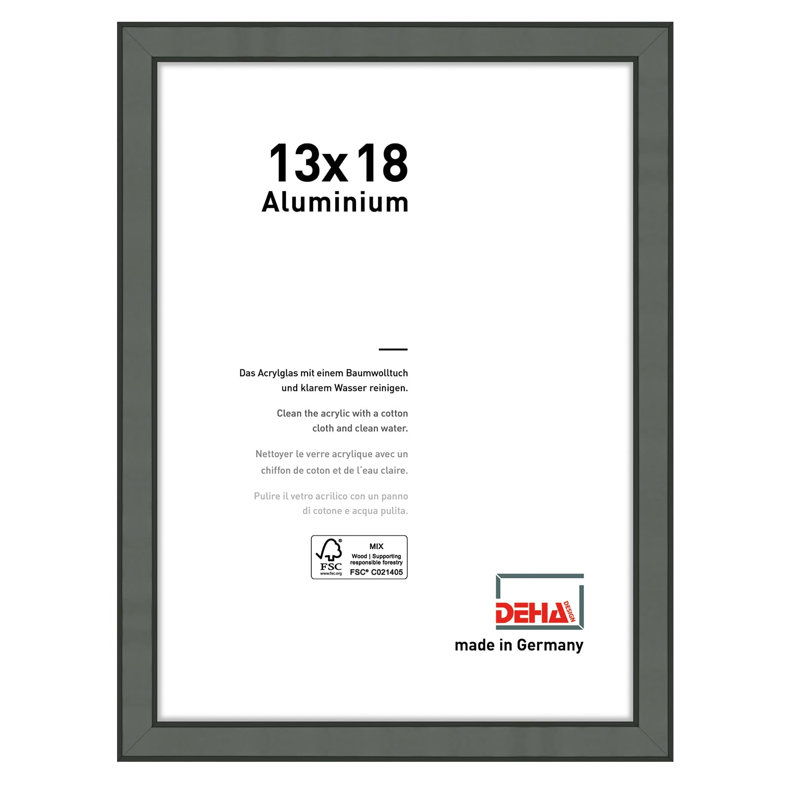 Deha Design Contrast Grey Boston Aluminium Picture Frame - 13X18 cm (5X7 in) – Grey - With Synthetic Glass And Push/Turn Clips