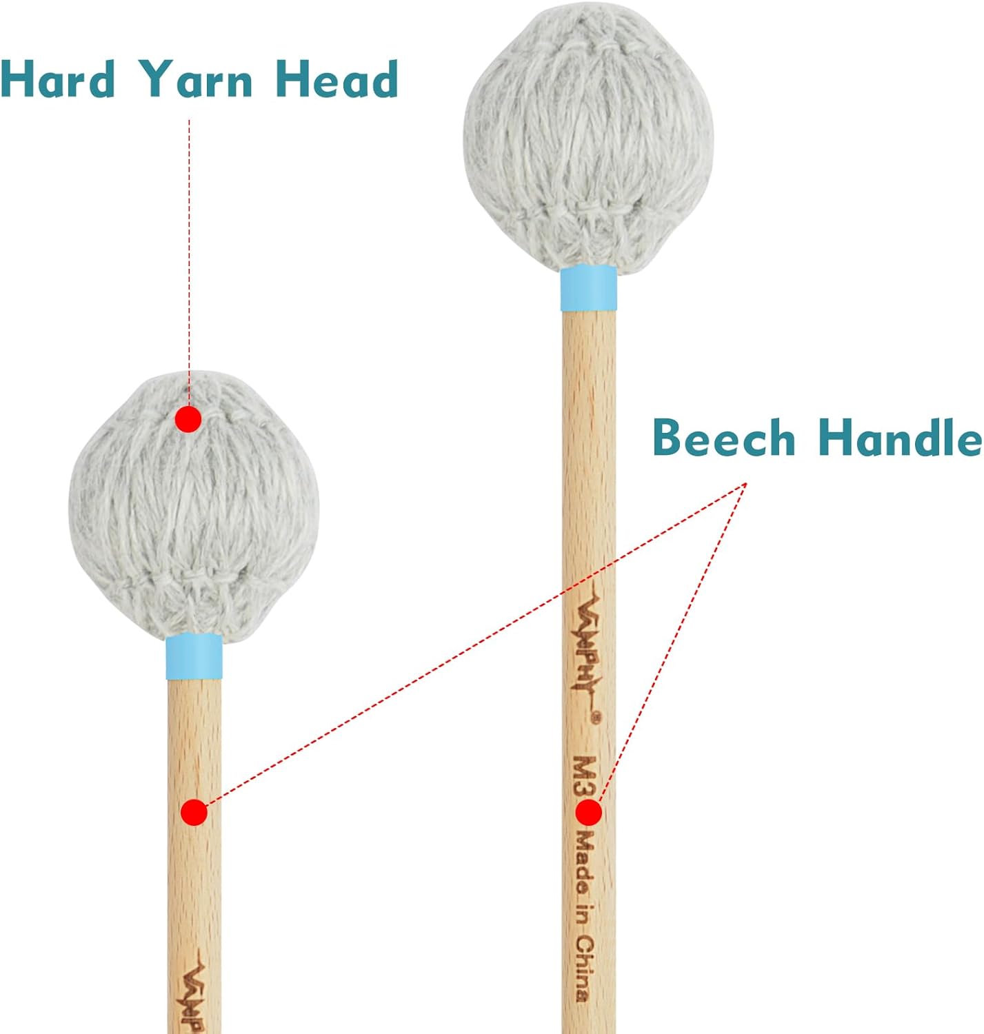 Professional Marimba Mallets -M3 Hard Yarn Heads with Beech Wood Handle Keyboard Percussion Accessories for Xylophone Glockenspiel Vibraphone with Professionals and Advanced Players
