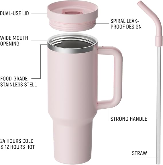 LEIKEEGO Travel Mug Coffee Cup, 1200ml/40oz Tumbler with Straw and Lid, Stainless Steel Double Wall Vacuum Insulated Coffee Cup with Handle-Keeps Cold for 24H-Hot for 12H(Pink)