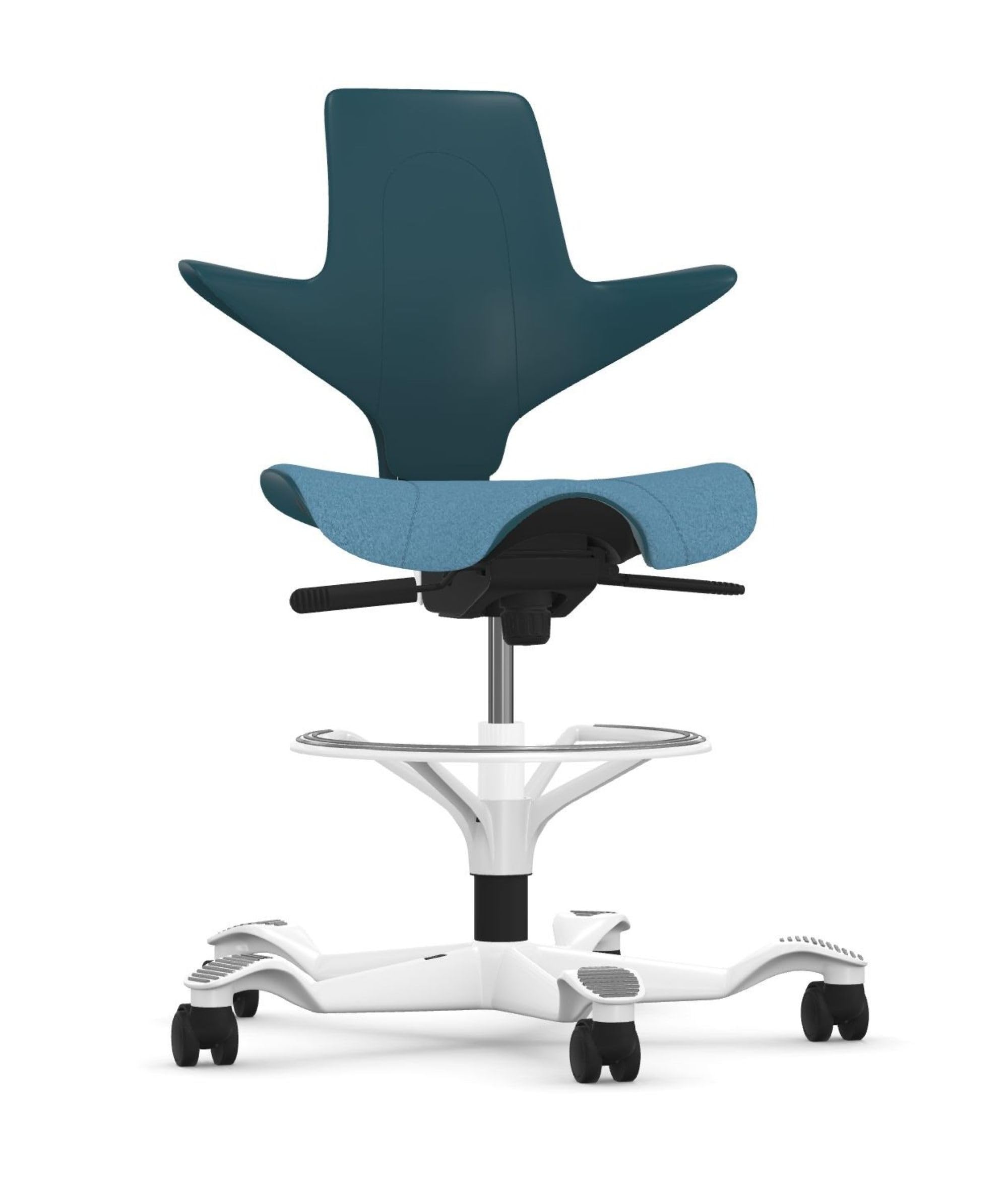 HAG Capisco Puls Adjustable Sit to Stand Desk Chair-White Frame-Blue Plastic-Blue Full Cushion with Footring