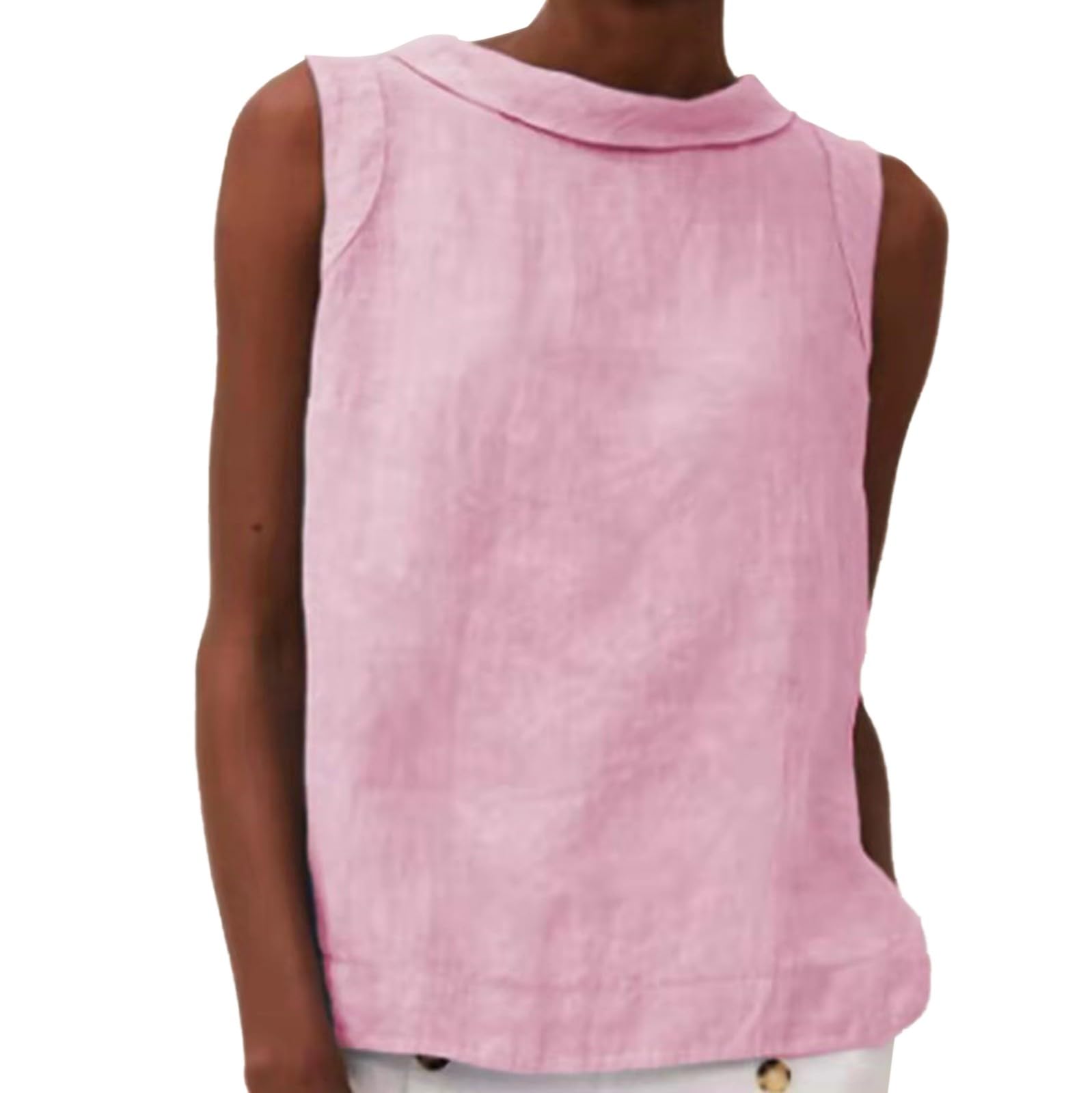 Women's Cotton Linen Tank Tops High Neck Casual Cami Sleeveless Camisole Blouses Summer Basic Shirt Solid Color Crop Tops(Pink,XX-Large) โ image 1