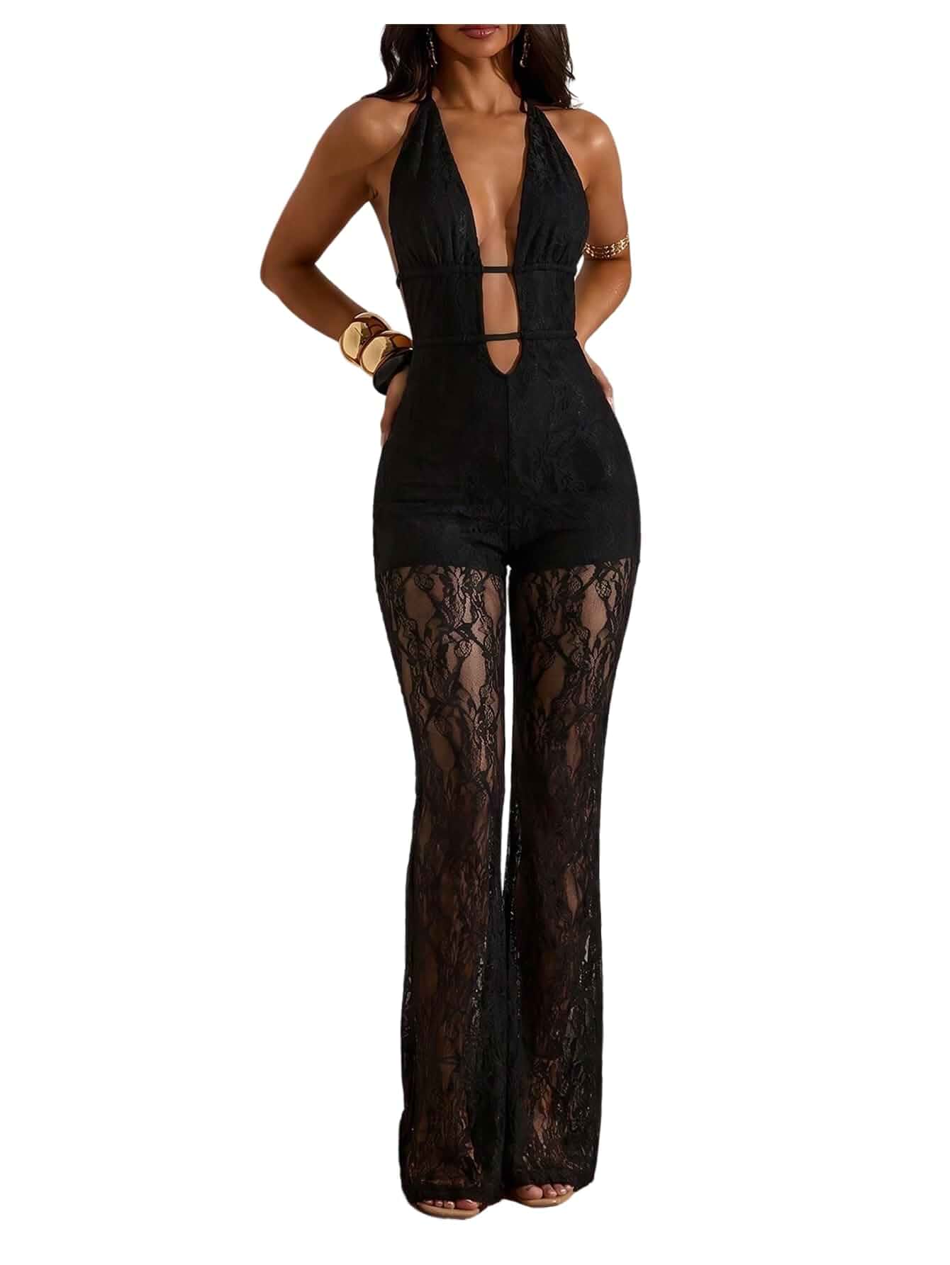 Verdusa Women's Lace Halter Jumpsuits Cut Out Backless Flare Pants Jumpsuit Semi See Through, Sleeveless, Sexy Jumpsuits for Women, Date Night Outfit