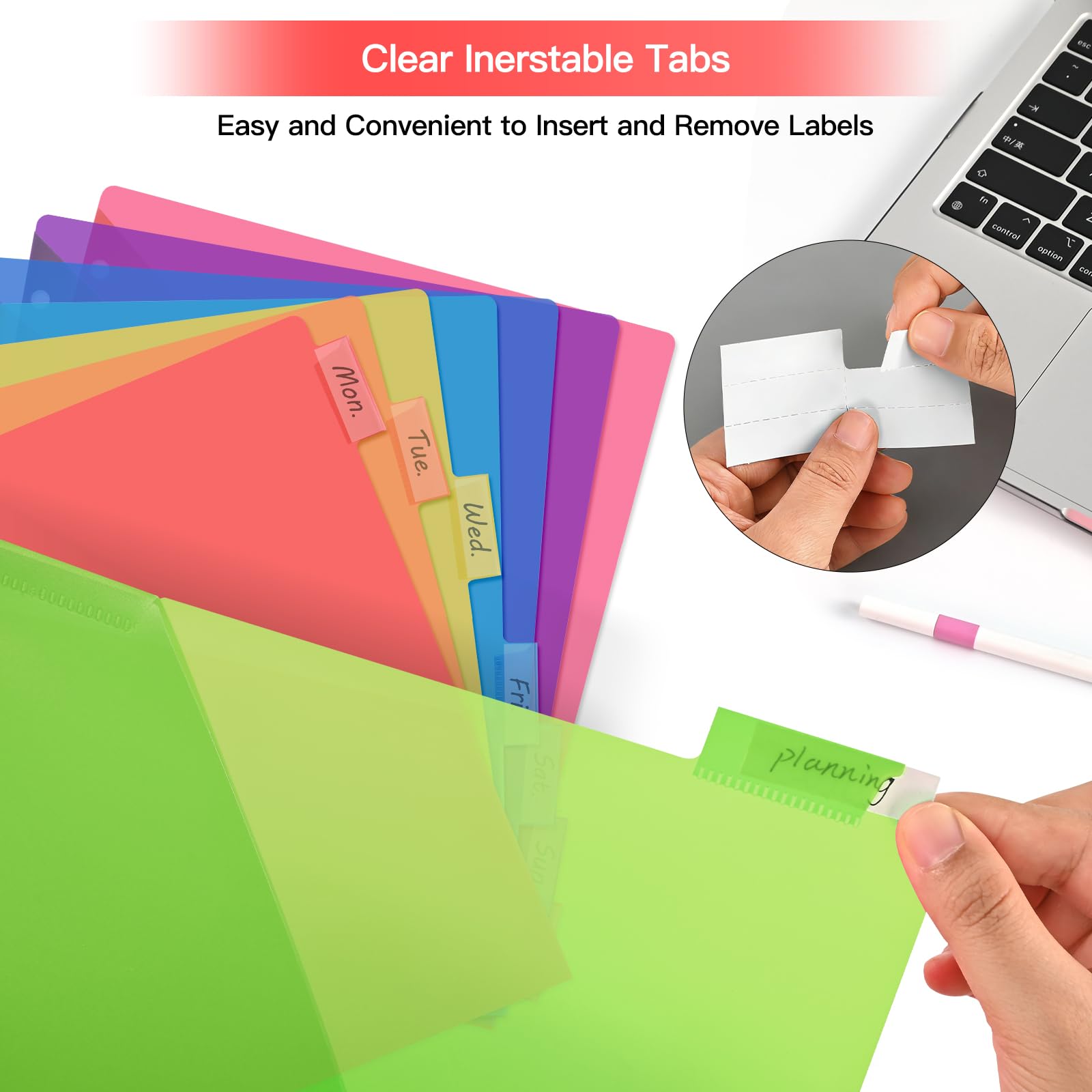 SUIN Divisori inseribili con 8 linguette con doppie tasche, separatori di pagine in plastica traslucida per raccoglitore a 3 anelli, archiviazione anteriore e posteriore, in poliestere resistente