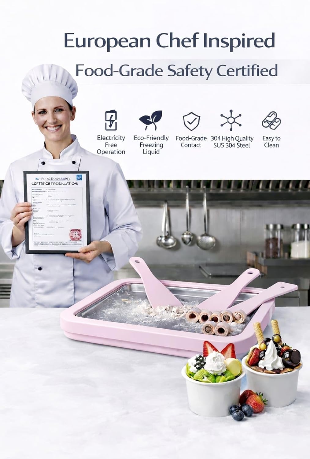 Rolled Ice Cream Maker Machine,DIY Kids Parents Activity Pan, Instant Cold Plate, [ 9 * 7 Inch ][SUS 304 ] stainless steel High Freezing Tray With 2 Scrapers,Frozen yogurt, Sorbet (pink]