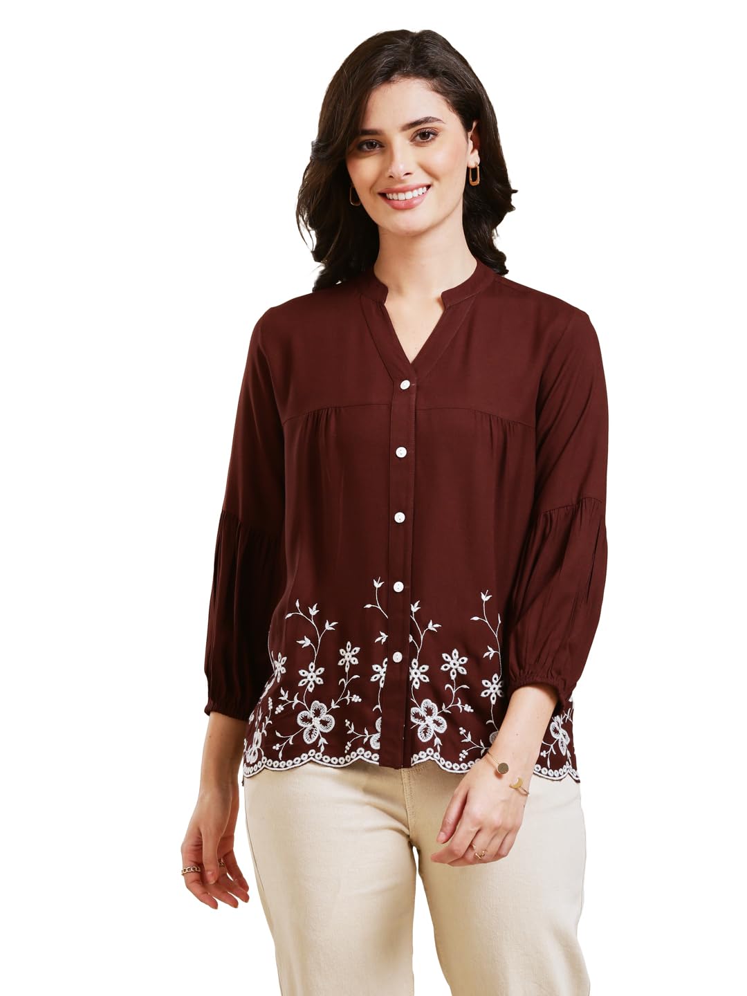 Women's Mandarin Collared Neck Rayon Shirt for Casual and Formal Wear | Shirts Tops for Womens-image-8