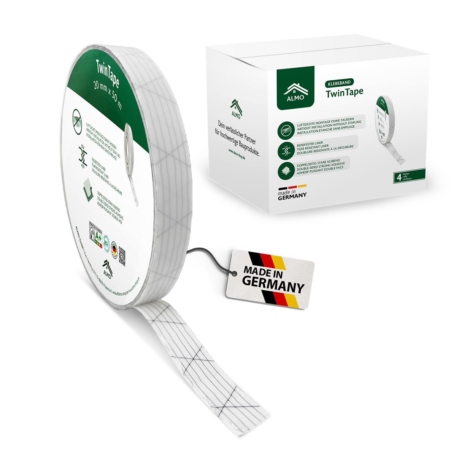 ALMO 4x doppelseitiges Montageklebeband 20mm x 50m Montageband für Dampfbremsen & Dampfsperren, starke Klebkraft mit reißfester Folie, ersetzt Tackern, einfache und sichere luftdichte Montage