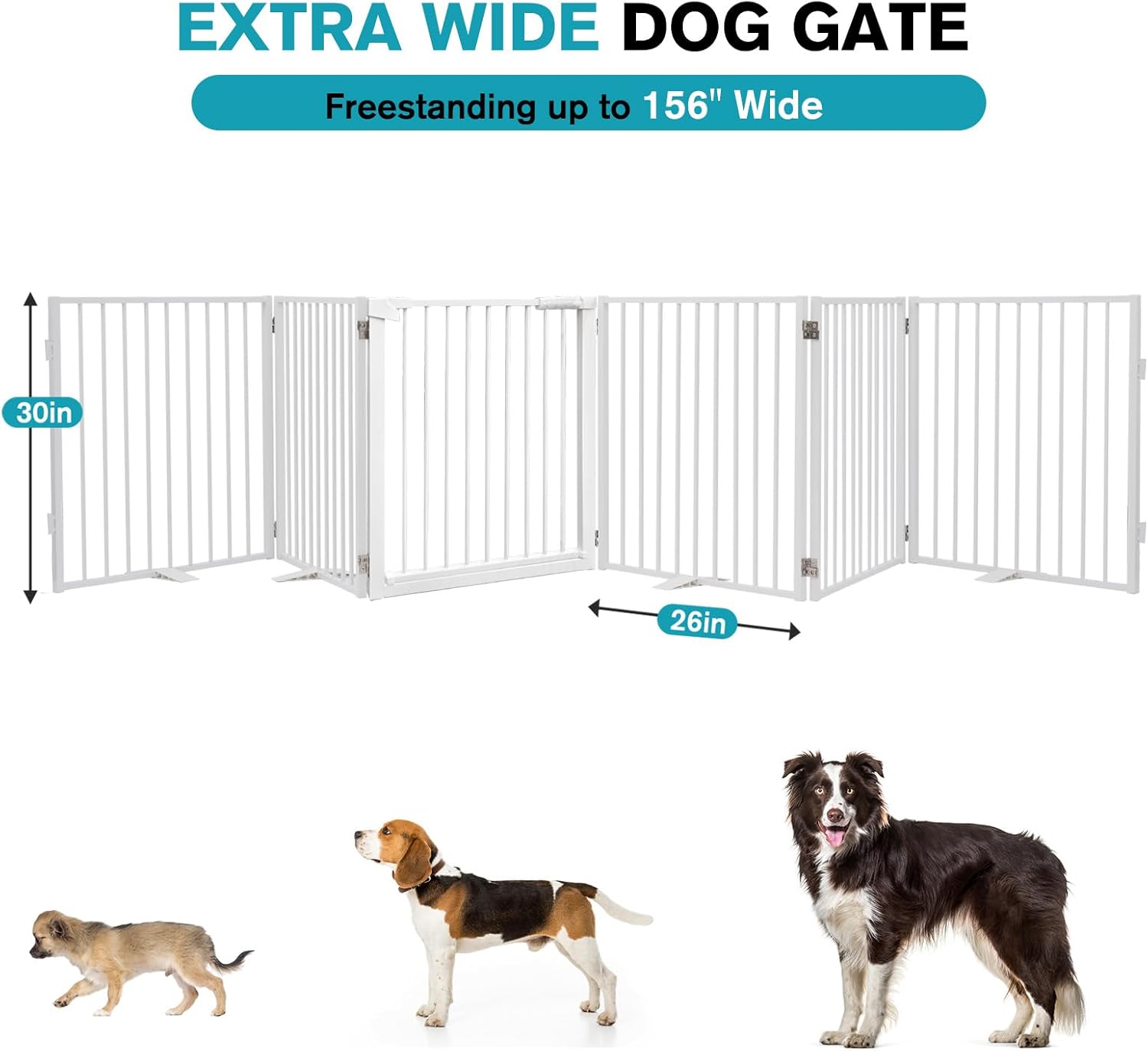 Snagle Paw Extra Wide Dog Gate,Free Standing Dog Fence with Door, Up to 156 Inch Wide Pet Gate with Support Feet for Stairs, Hallways, Doorways, Yard (White, 6 Panels)