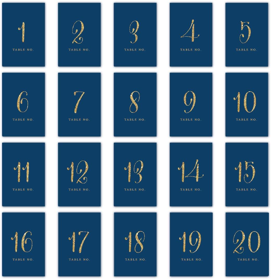 Andaz Press Table Numbers 1-20, Gold Glitter Print, 4X6-Inch Single-Sided Cardstock Sign, Navy Blue, 1-Set Navy Blue Table Numbers For Weddings Reception Cardstock Blue Numbers