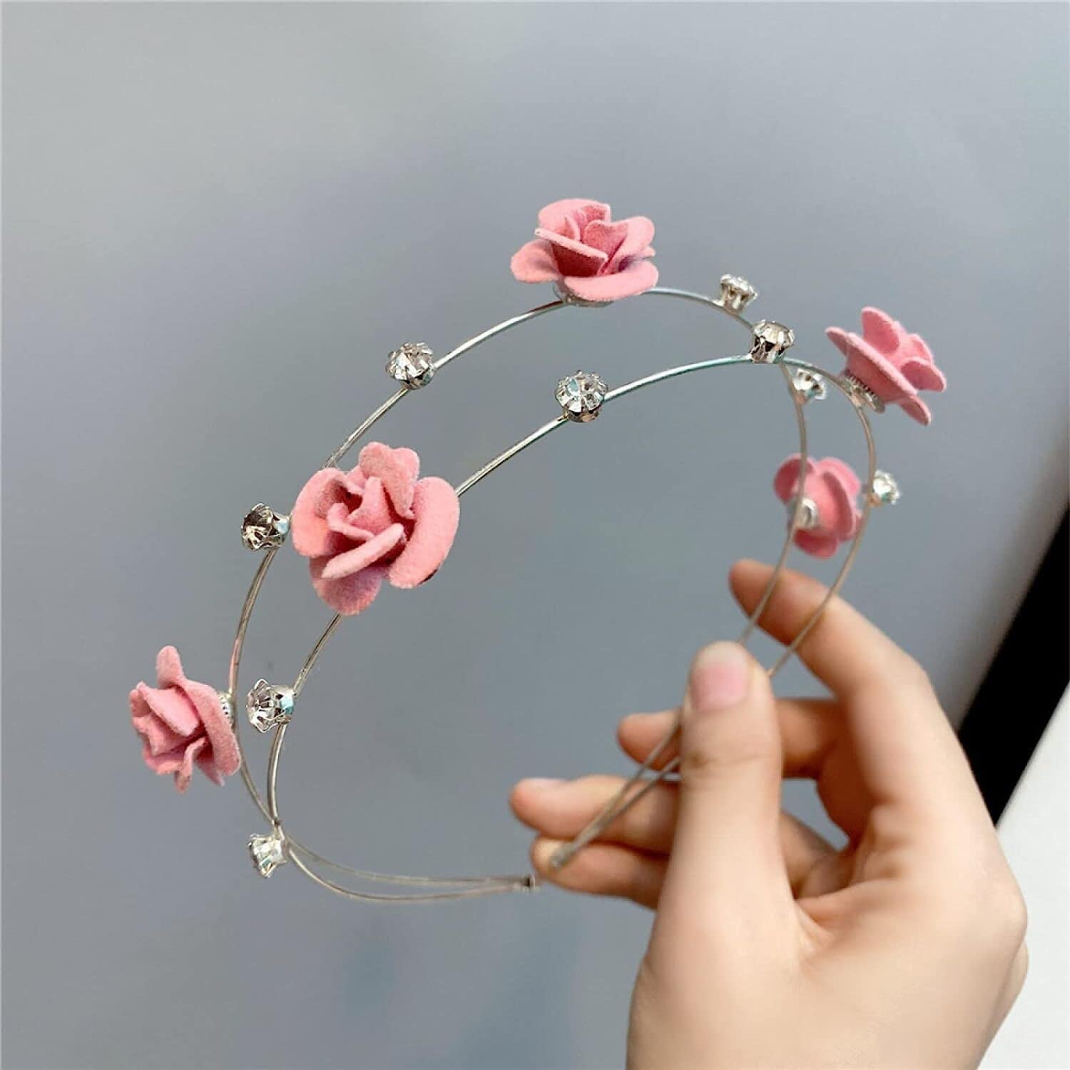 Diademas para Mujer,Cintas para el Pelo, Rose Flower Diamond Diadema de Metal Doble Tocado de Novia Dulce Temperamento de Estilo Pastoral Oriental Delgado, Negro (Color : Korean Powder)