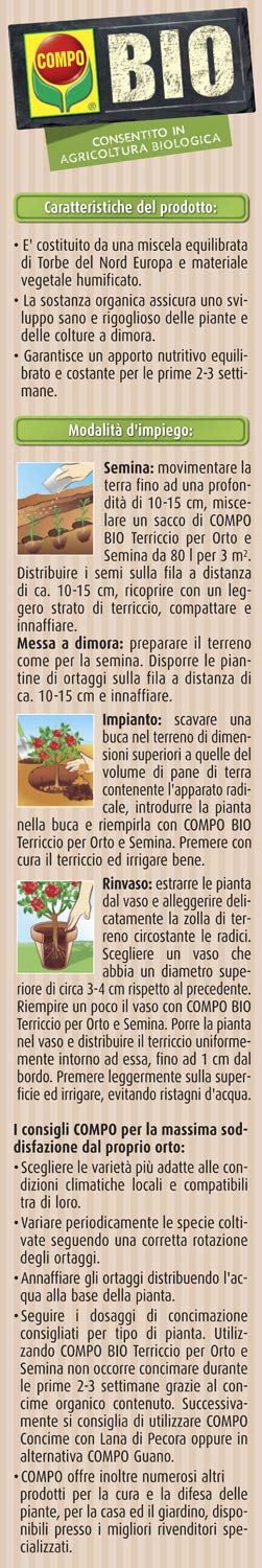COMPO BIO Terriccio per orto e semina, Per colture orticole, frutticole e semina, 80 l