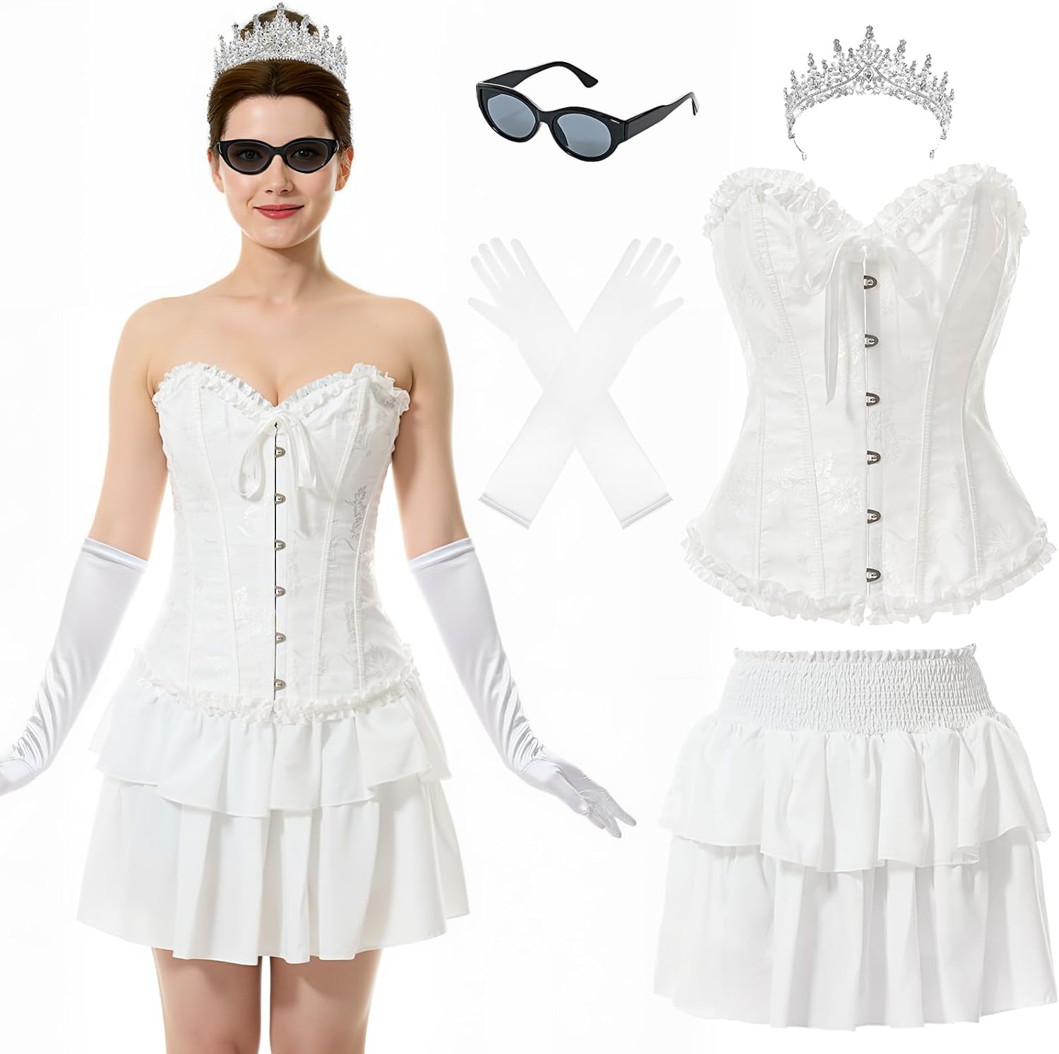 Mepase 5 Pcs Princess Costumes for Women Halloween Dress Corset Tops Crown Glove Sunglasses and Skirt Skirt Set for Bachelor Party Halloween Birthday Cosplay