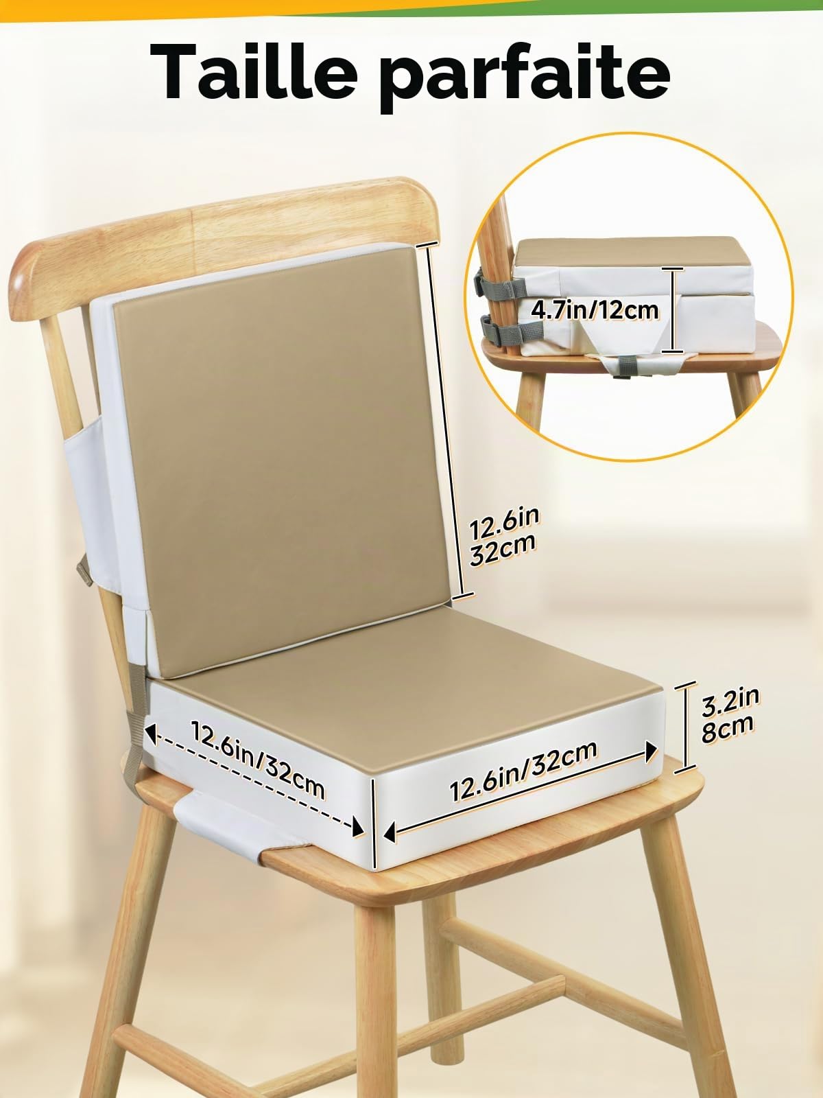 Rehausseur de chaise constitué de deux coussins - Pour enfant et bébé - En polyuréthane lavable - Avec sangles - pour enfants de plus de deux ans - Kaki