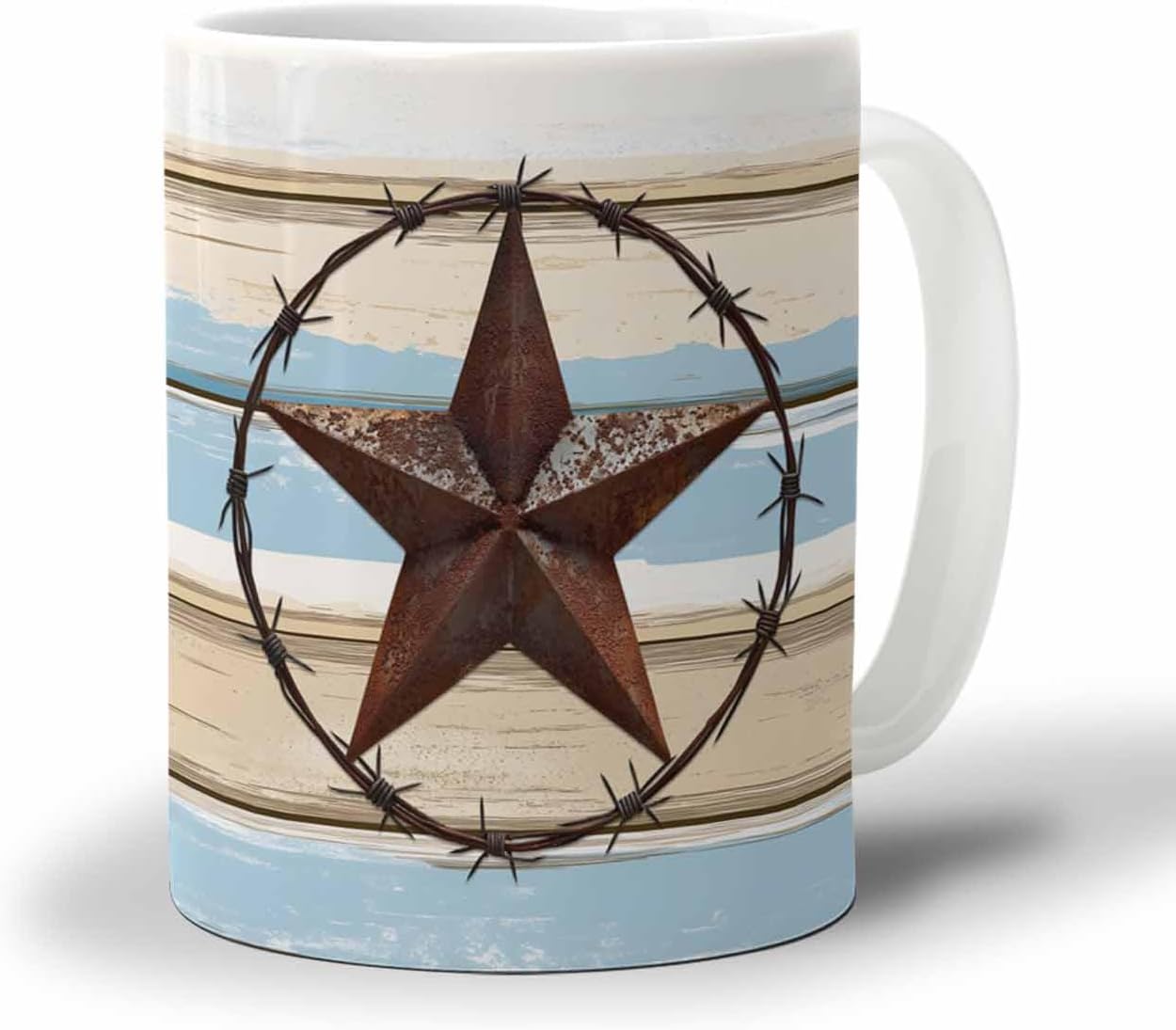 BEMIGO Ceramic Coffee Mug Texas Star Ceramic Mug White Cup, Light Blue Beige Wood Grain Insulated Coffee Cup with Handle with Pattern Perfect for Tea and Hot Beverages, 12oz