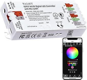 WeGoIOT ESP32 WLED LED Strip Controller Mic UART USB Type-C Download Music Sound Dynamic Mode DIY WiFi APP Control for SM 16703P WS2811 WS2812B SK6812 FL19038 WS2805 IC FCOB Addressable Strip Light