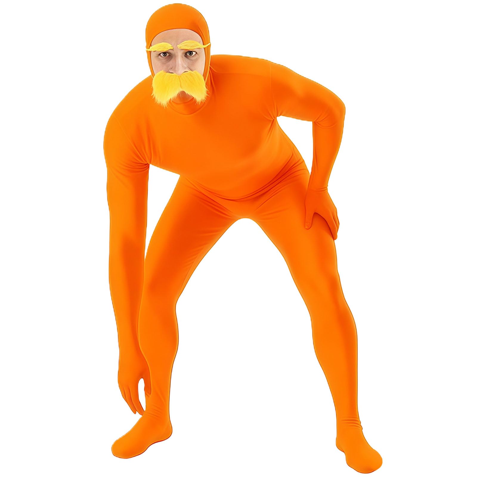 GWAWG Lorax Costume, Orange Full Body Suit for Women & Men, Funny Costume with Mustache, Orange Bodysuit for Carnival, Fasching, Halloween & Festival Parties (L)