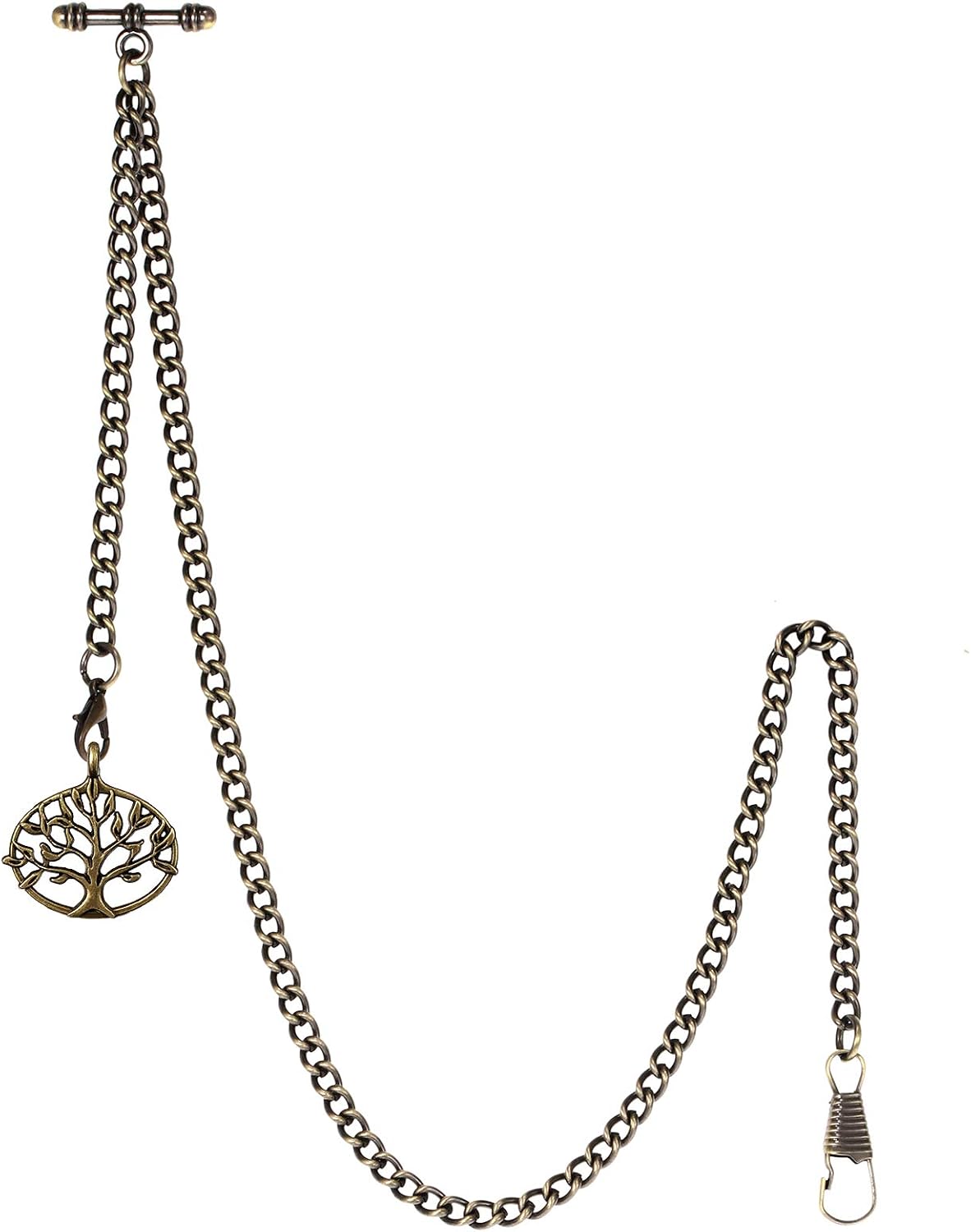 TREEWETO Men's Double Albert Chain Pocket Watch Curb Link Key Chain 2 Hooks with Antique Life Tree Pendant Design Charm Fob T Bar