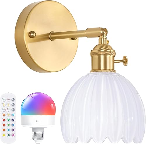 Miniatura 28 de Candelabro de Pared Vintage Operado por Batería con Linda Lámpara de Vidrio Transparente de Tulipán, Luz de Pared Recargable Inalámbrica Alimentada