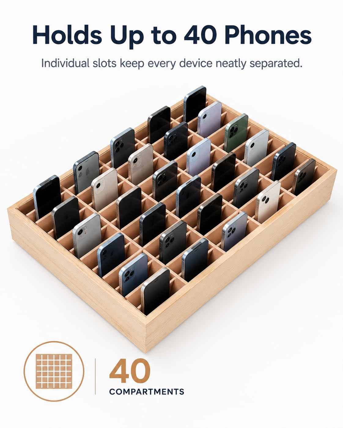 PRETYZOOM Scatola Di Immagazzinaggio In Legno Per Telefoni Cellulari A 40 Griglie Supporto Del Telefono Cellulare Da Scrivania Con Fodera In Peluche Vassoio Organizzatore Rettangolare Per
