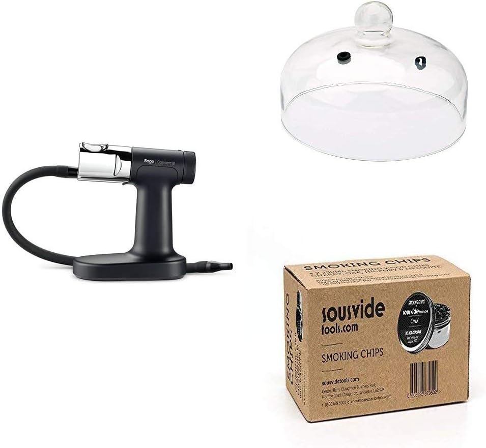 The Smoking Gun Pro Sage Commercial,1 kg, Black with Smoking Chips for Cold Food Smokers 4 x 250 ml and 24 cm Plate Cloche with Valve