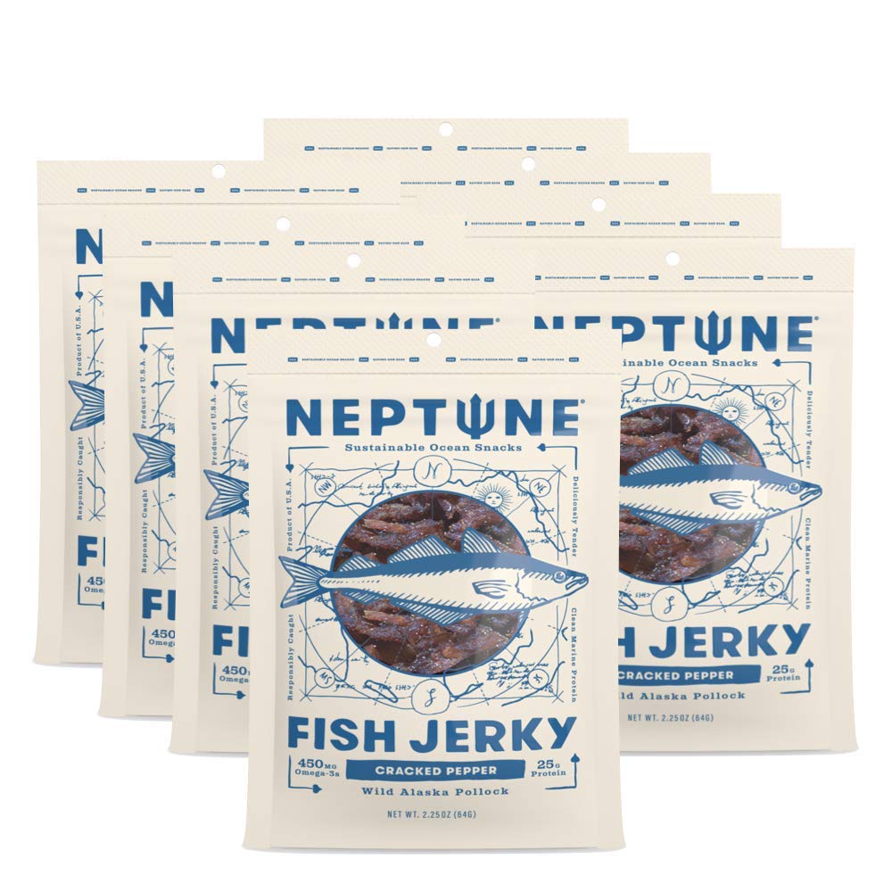 Wild Alaska Pollock Fish Jerky - Cracked Pepper 8-Pack - Neptune 2.2oz | Organic, Gluten-Free & Pale