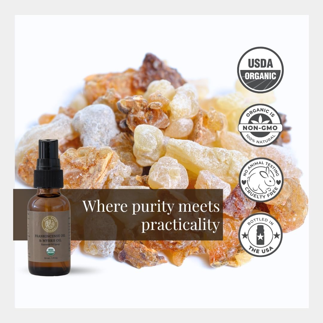 Silk Road Organic Frankincense Oil & Myrrh Essential Oil Spray, 100% Pure USDA Certified Aromatherapy for Body Aches, Stiffness & Tingling, Stress Relief, & Skin - 1 Oz Spray - Image 4
