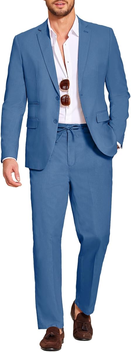 COOFANDY Men's 2 Piece Linen Suits Set Casual Lightweight Linen Suit Blazer Jacket and Pants