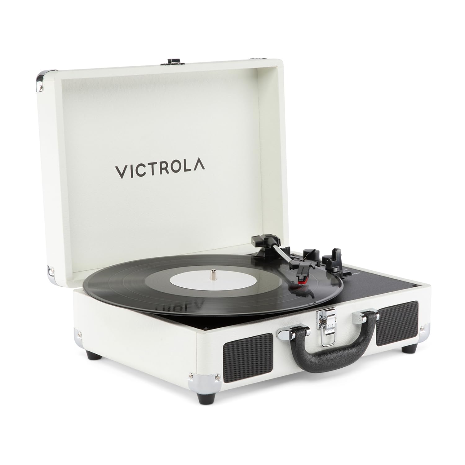 Victrola Journey II – Platine Vinyle Valise Portable Bluetooth – Haut-parleurs stéréo puissants intégrés avec Basses renforcées, Platine 3 Vitesses (33/45/78 TR/Min), Sorties RCA & Casque (Blanc)