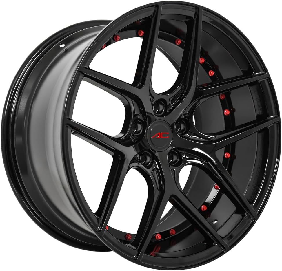 Divino | Staggered 20 Inch Rims (Set of 4 Wheels) - Gloss Black with Red Rivets Finish - Fits Most Sedans, Coupes, and SUVs - Concave Rim Wheel
