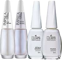 Kit 8 Esmaltes Impala e Colorama Tons Brancos e Perolados 8ml Ideal para Francesinha Alto Brilho e Boa Cobertura (Lua,Polar,Petala,França)
