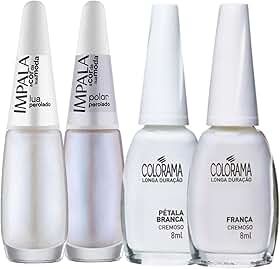Kit 8 Esmaltes Impala e Colorama Tons Brancos e Perolados 8ml Ideal para Francesinha Alto Brilho e Boa Cobertura (Lua,Polar,Petala,França)