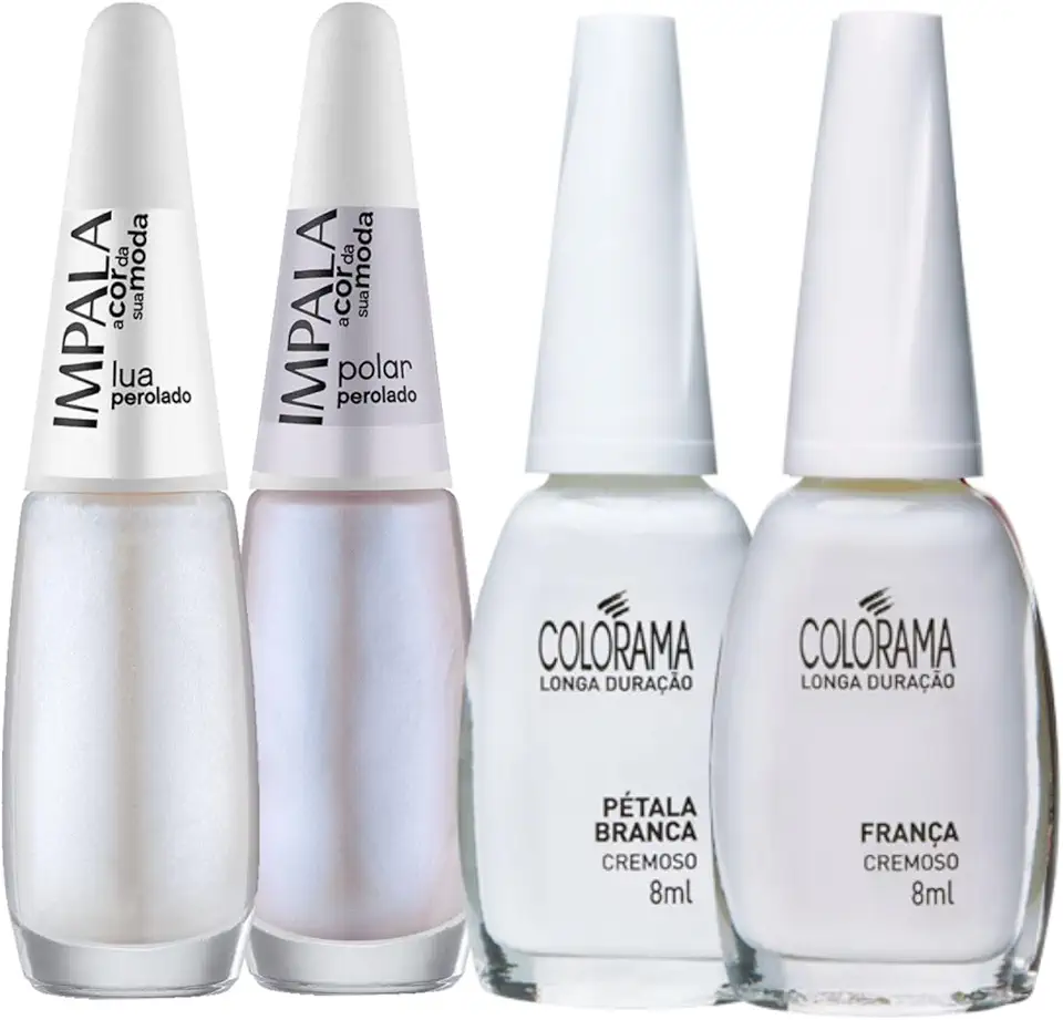 Kit 8 Esmaltes Impala e Colorama Tons Brancos e Perolados 8ml Ideal para Francesinha Alto Brilho e Boa Cobertura (Lua,Polar,Petala,França)