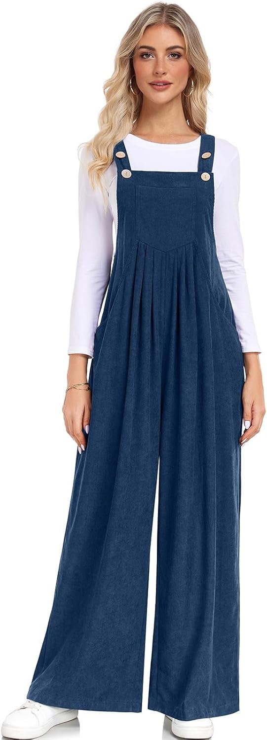 ALSOGO Womens Casual Corduroy Overalls Baggy Pants Wide Leg Jumpsuits Adjustable Straps Rompers with Pockets - Image 2