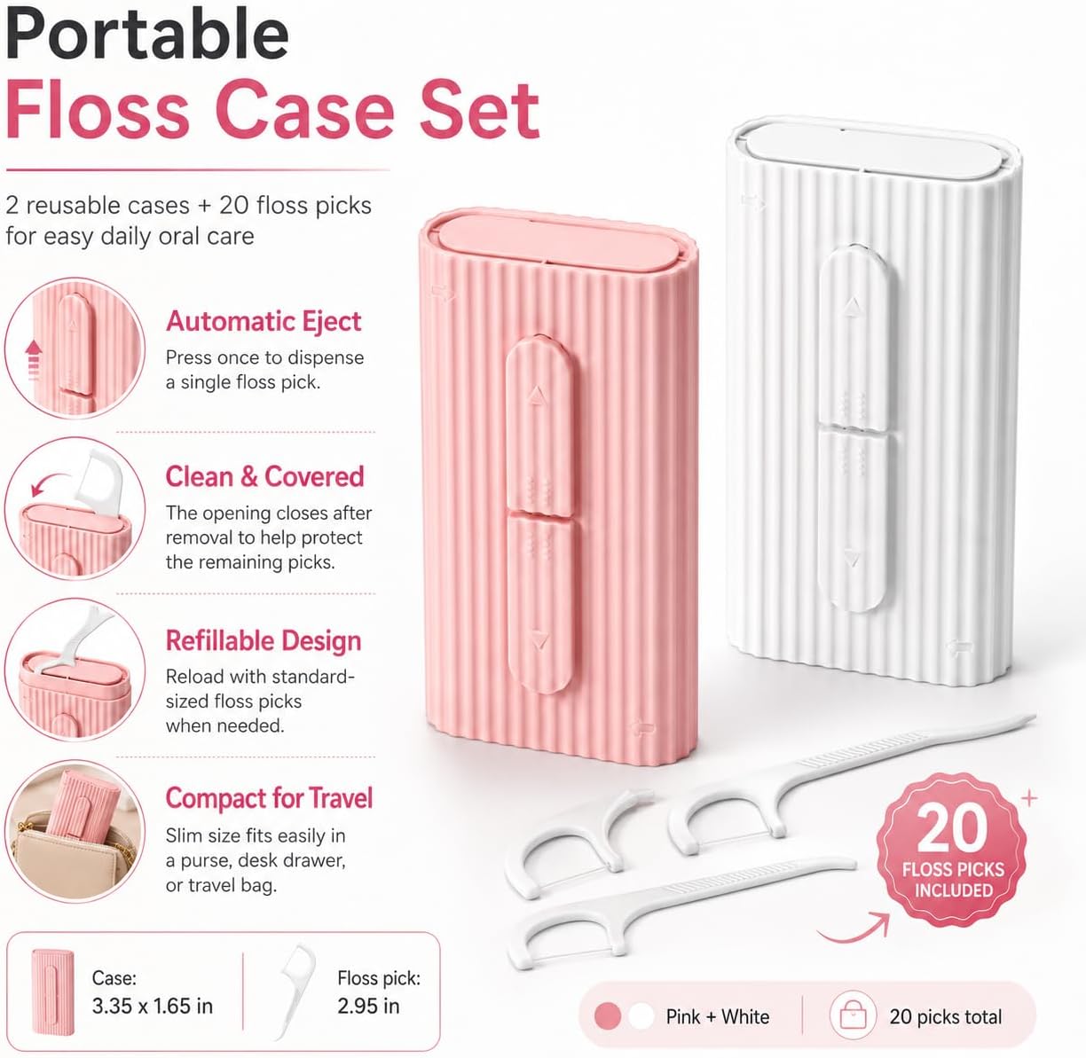 2 Pcs Portable Dental Floss Case, Reusable Travel Floss Pick Case for Purse,Tooth Floss Pick Holder Automatic with 20 Floss Picks, Dental Floss Organizer for Home,Travel and Daily Oral Care,Pink White image 3
