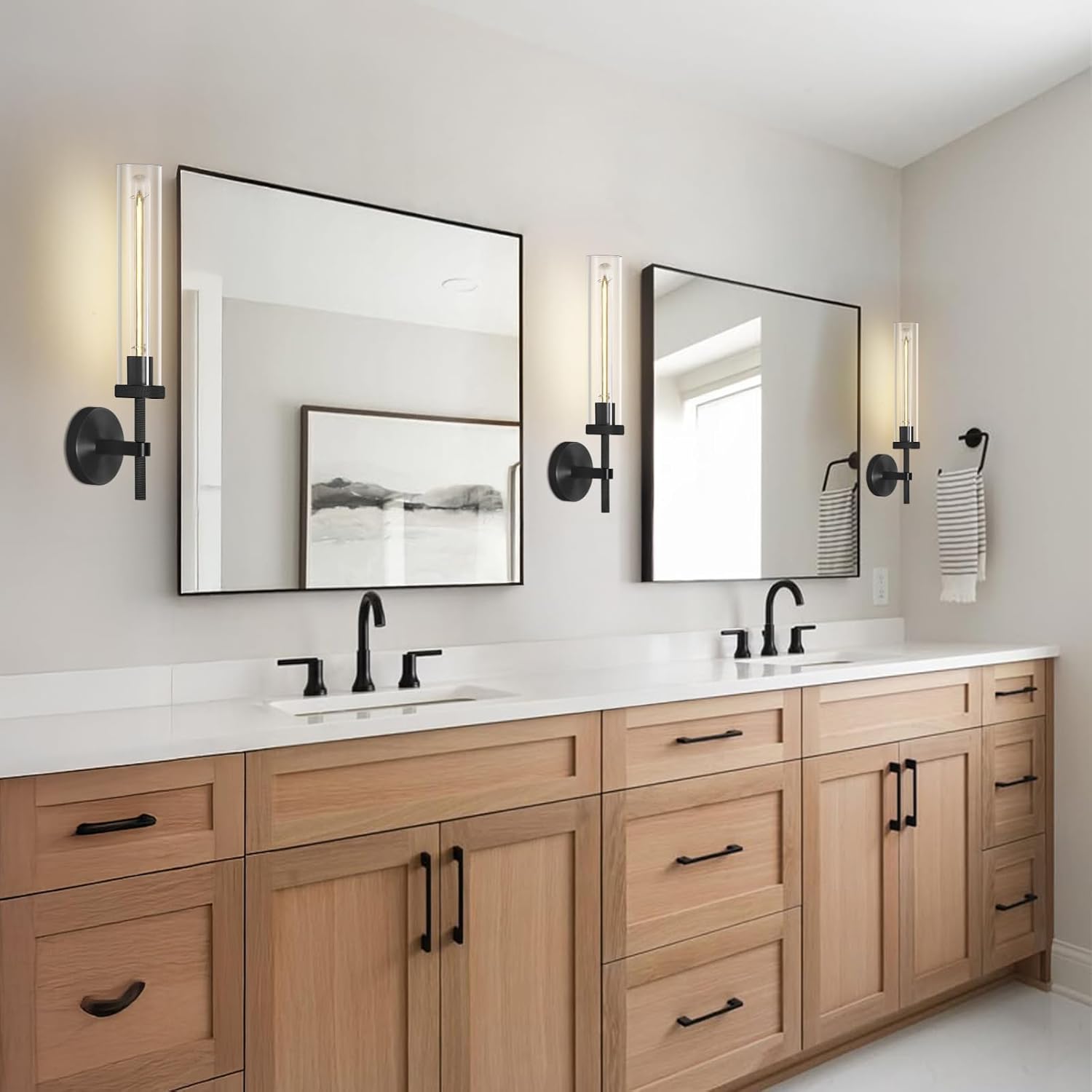 Modern Black Wall Sconces Bathroom Vanity Light Fixtures, Glass Tube Wall Sconces Set of Two, sconces wall lighting indoors, Wall Lights for Mirror, Living Room, Bedroom, Hallway (including bulb)