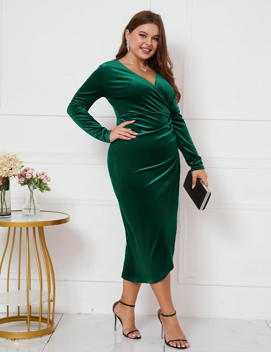 CYCLAMEN Wrap Ruched Velvet Dress V Neck Plus Size Long Sleeves Bodycon Midi Elegant Party Wedding Guest Cocktail - Image 2