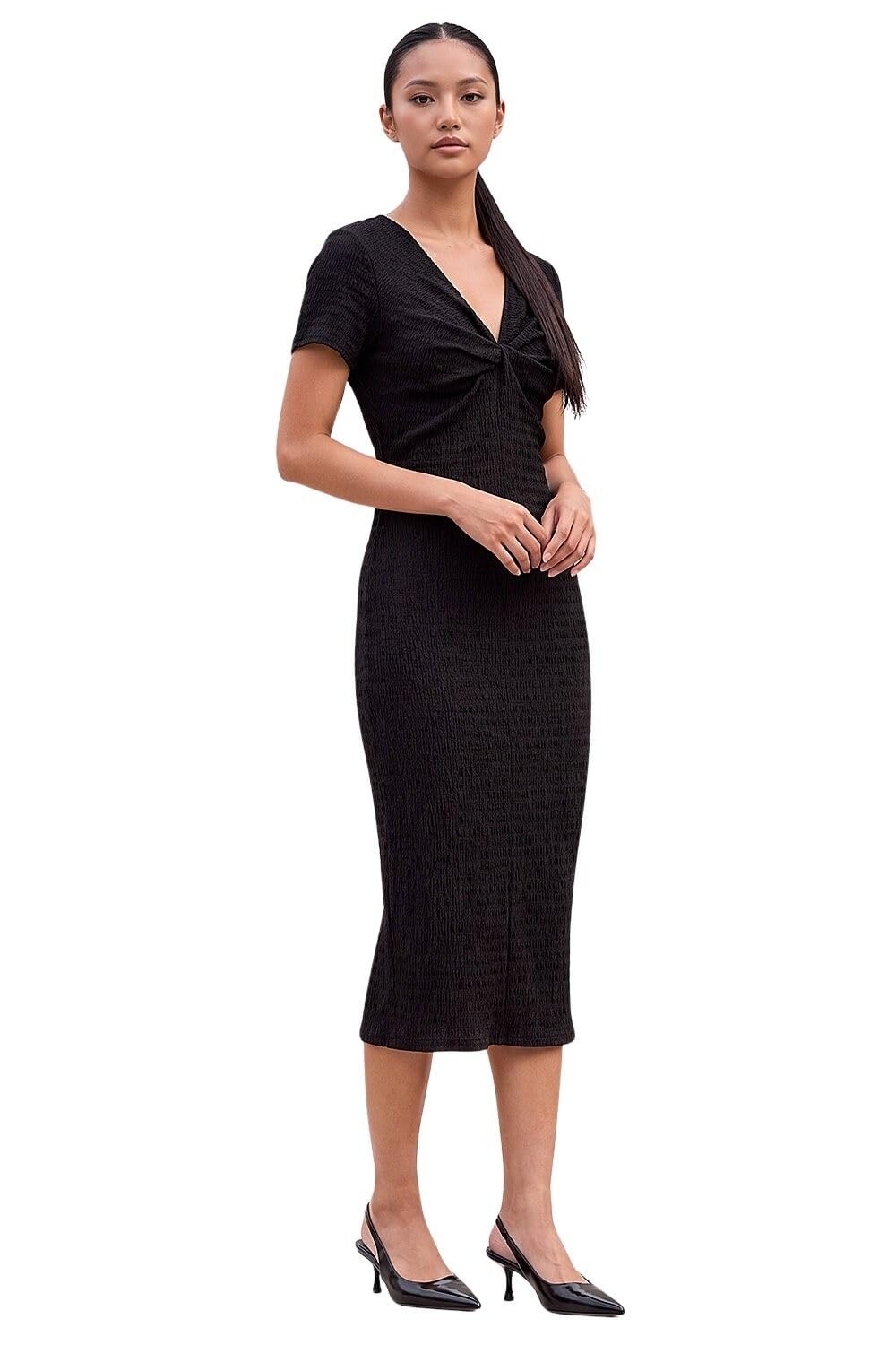 Roman Women's Black Petite Textured Twist Midi Dress In Size 12