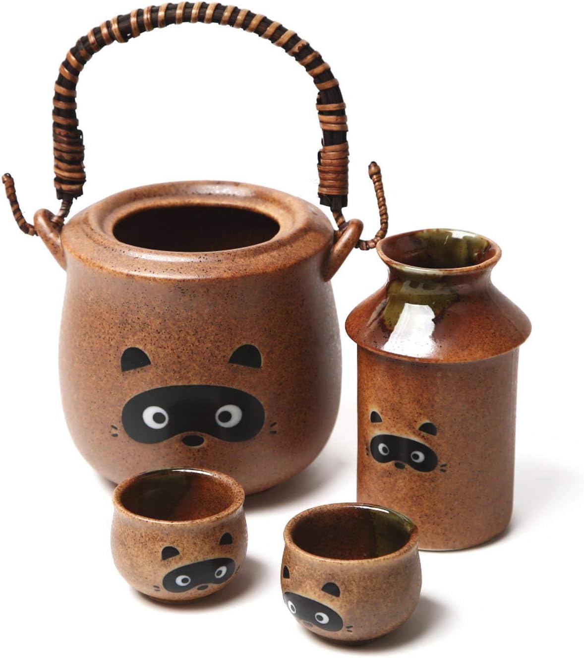 Traditional Japanese Pottery Sake Set - Exquisite Mino Ware Ceramic 4-Piece Tanuki Raccoon Set With Warmer, Bottle and Cups