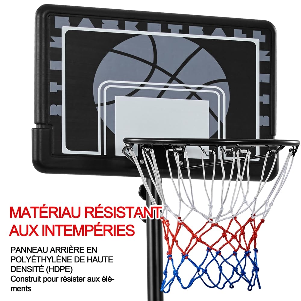 Yaheetech Panier de Basket Extérieur Portable Réglable en Hauteur 219-249/234-264 cm Panier de Basket sur Pied à roulettes avec Base de Lestage Panneau Arrière Robuste Noir