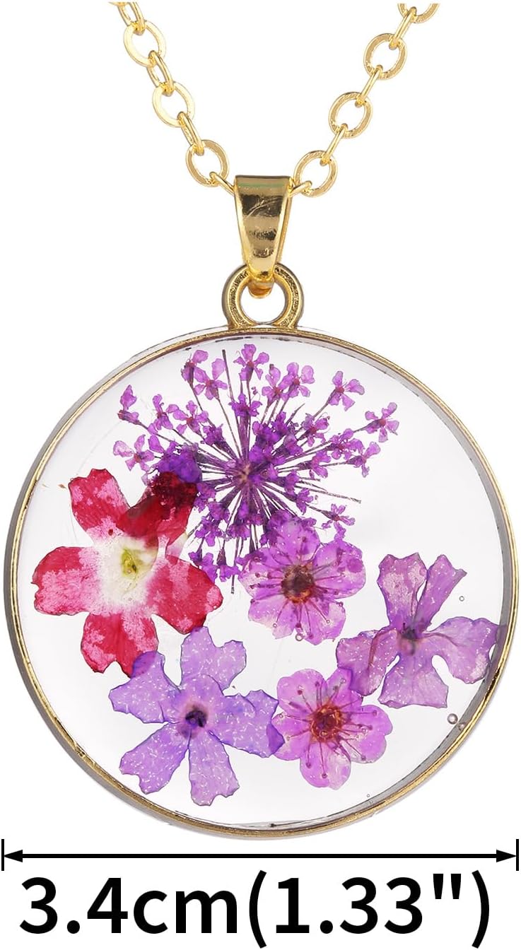 FM FM42 Gold-tone Multi-Colored Pressed Flower Round Pendant Necklace with 17.7" Chain - Image 2