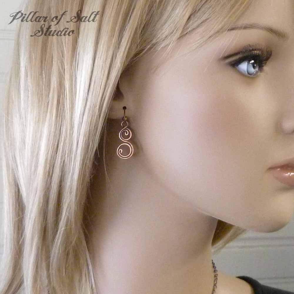 Pillar of Salt Studio Handcrafted Solid Copper Earrings Small Double Spiral (Antiqued Copper, Small 3/4" drop) - Image 2