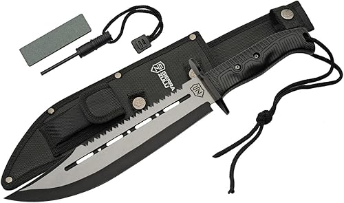 Sierra Zulu Cuchillo de caza de supervivencia con vaina, cuchillo táctico Bowie de hoja fija de 10.5 pulgadas, punta de clip con borde trasero