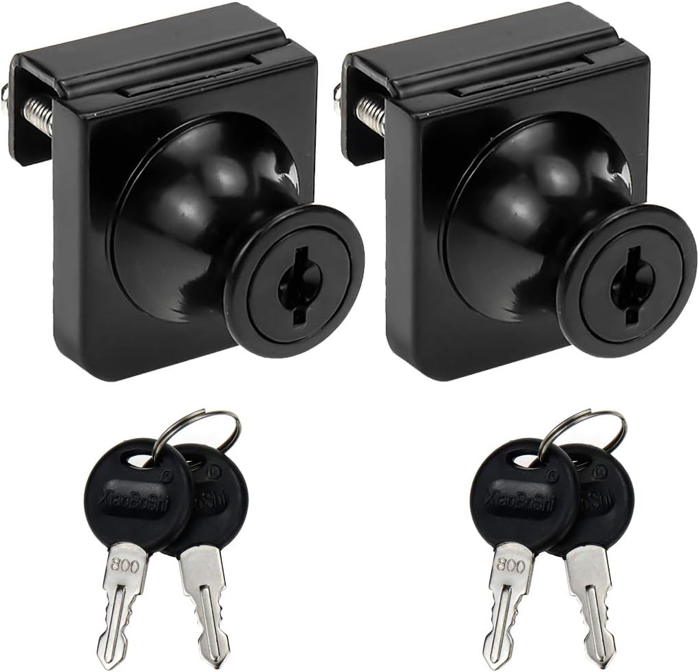 No Drill Glass Lock 2 Sets Black, for 0.2-0.3 inch Glass, Key Alike - Door to Board Mounting, Rectangular 1.38 x 1.26 Inch, Zinc Alloy for Showcase Display Cabinet or Jewelry Case