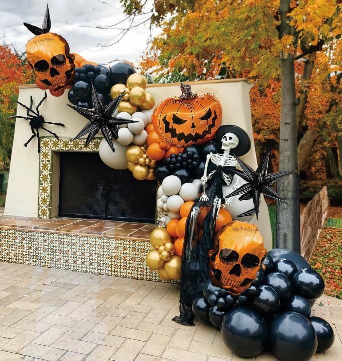 Kit de guirnalda de globos de doble relleno de Halloween, 116 piezas, naranja quemado, arena, blanco, negro y dorado, arco de globos de goma para