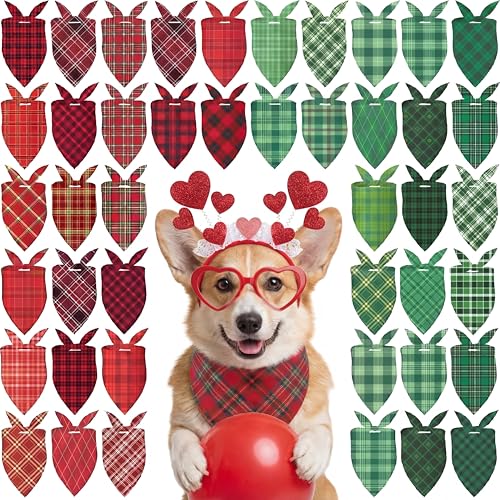 Abbylike 50 Pcs Valentine's & St. Patrick's Day Dog Bandanas Bulk Red & Green Plaid Bandanas for Dogs Triangle Kerchief Bib Scarf for Pet Holiday Costume Photo Props Accessories (25.6 x 17.7 x 17.7)