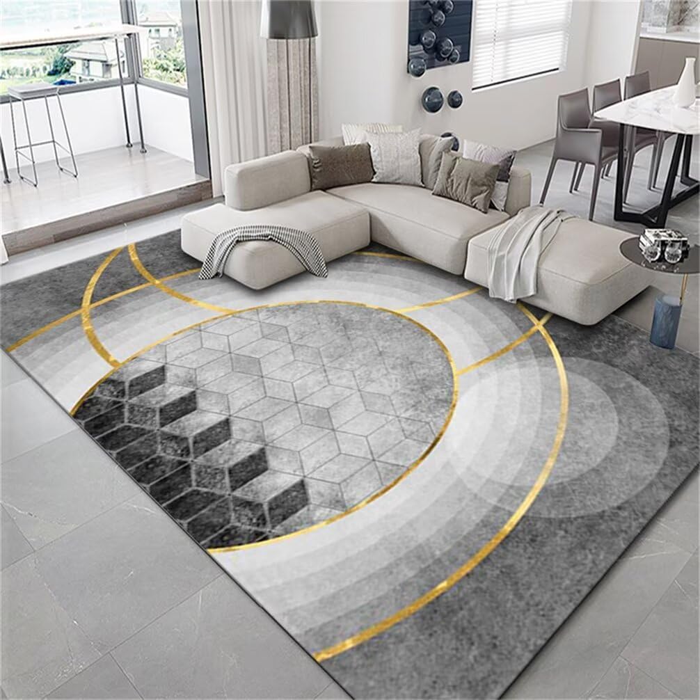 Tapis de chambre adulte 150x200cm motif géométrique gris et doré